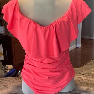 La  Blanca Island Goddess Off Shoulder Ruffle One Piece - Hot Coral size medium